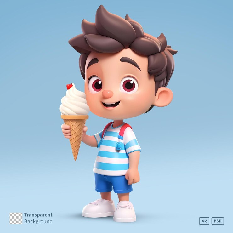 Renderizado en 3D de un niño pequeño, personaje de dibujos animados con un cono de helado