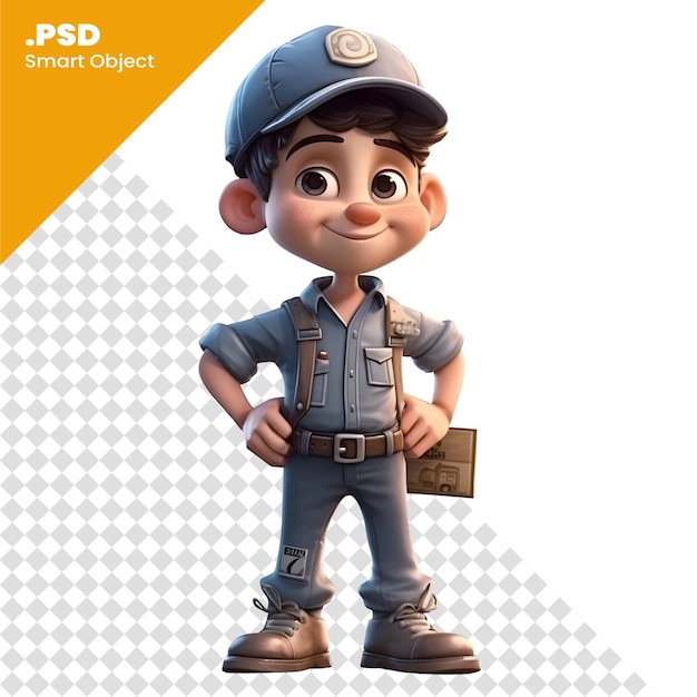 PSD renderizado en 3d de niño con sombrero de fontanero y plantilla de psd uniforme