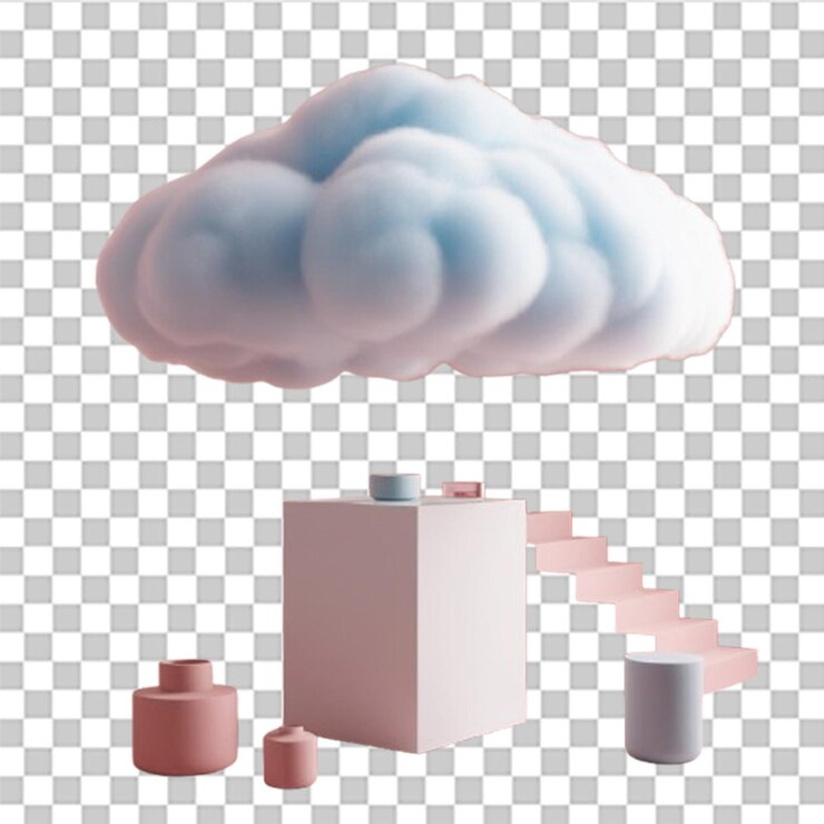 PSD renderizado 3d de una nube esponjosa por encima de un pedestal cúbico sobre un fondo rosa pastel