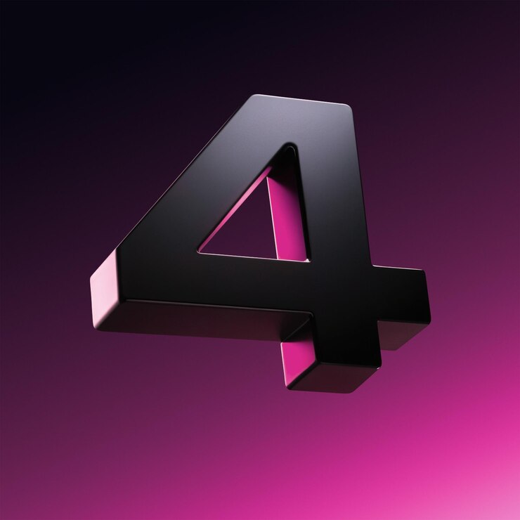 Renderizado en 3D del número cuatro Superficie brillante Fondo rosa oscuro