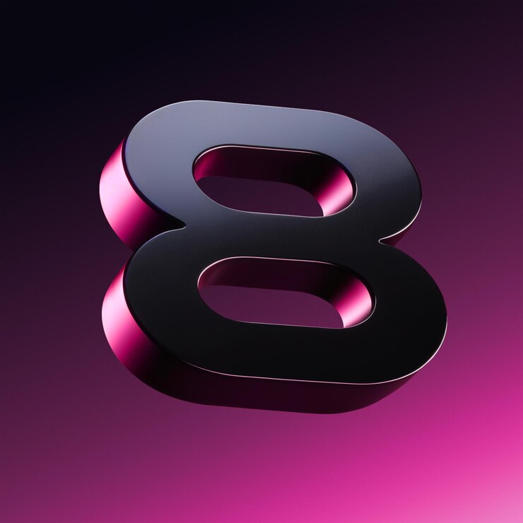 Renderizado en 3D del número ocho superficie brillante fondo rosa oscuro