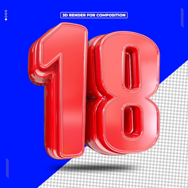 Renderizado en 3D del número rojo 18