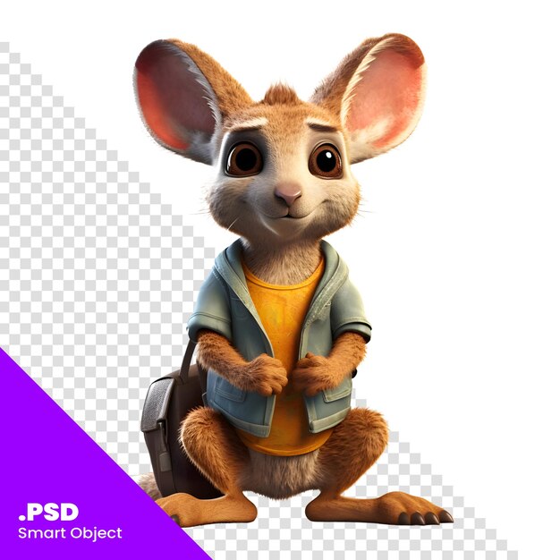 Renderizado en 3d de un pequeño canguro lindo con una plantilla psd de mochila