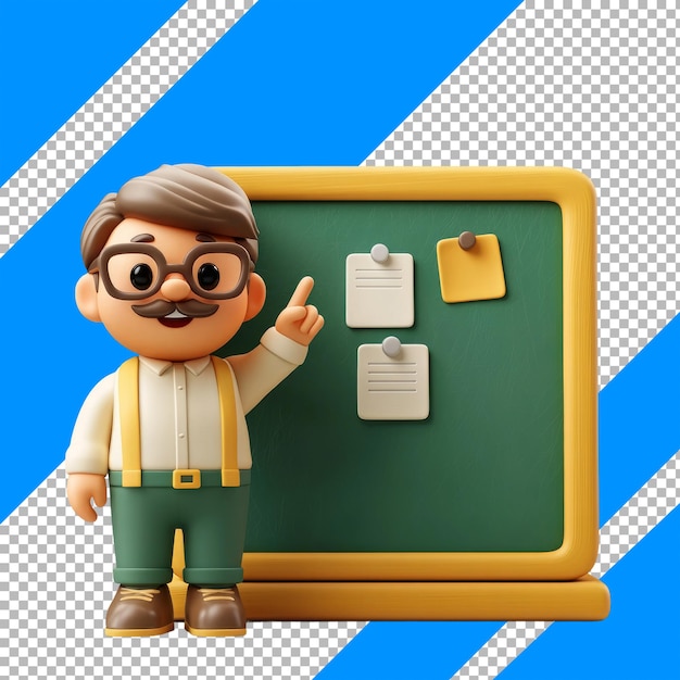 Renderizado en 3D del personaje del maestro apuntando a la pizarra en estilo de dibujos animados modernos