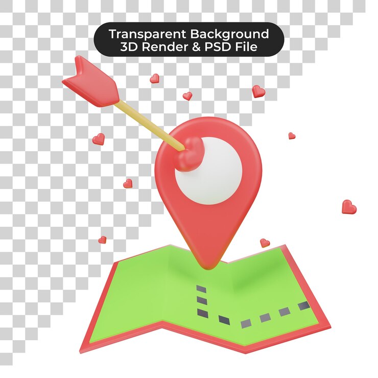 PSD renderizado en 3d del pin de ubicación en 3d con flecha en el mapa
