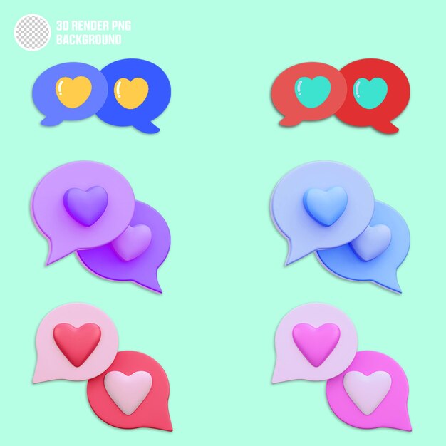 Renderizado en 3D PNG de fondo con coloridas burbujas de habla del corazón