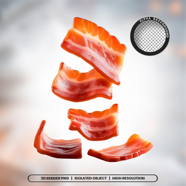 PSD renderizado en 3d rebanadas de tocino pedazos de elemento de carne icono psd png