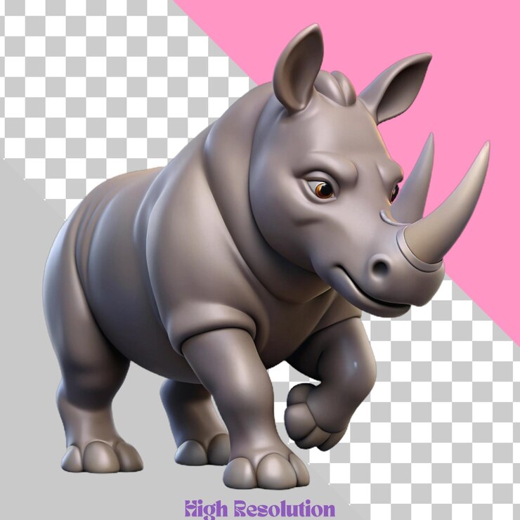 PSD renderizado en 3d de un rinoceronte de dibujos animados con un cuerpo gris sobre un fondo rosa y transparente