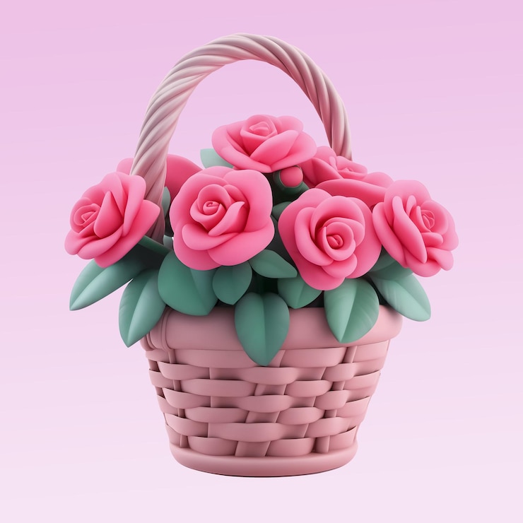 Renderizado en 3D de rosas en una canasta de mimbre