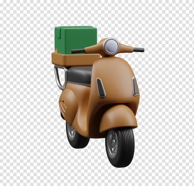 Renderizado en 3D de un scooter de entrega marrón con caja verde