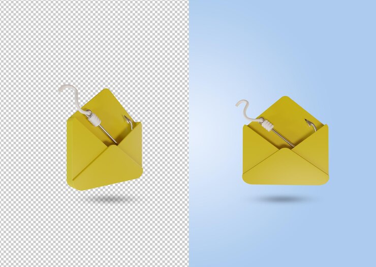 PSD renderizado en 3d del sobre y el icono del gancho de pesca foto conceptual para ilustrar el correo electrónico de phishing