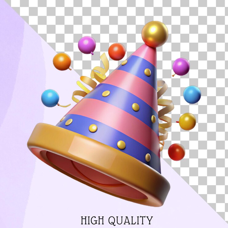 PSD renderizado en 3d de un sombrero de fiesta con confeti y cintas