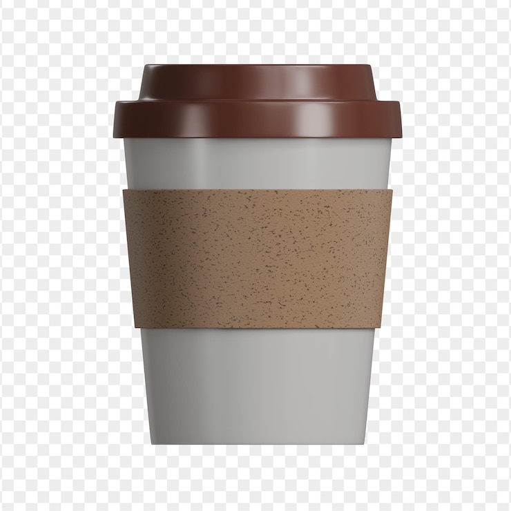 PSD renderizado en 3d de una taza de café de plástico marrón y blanco con un agarre de papel