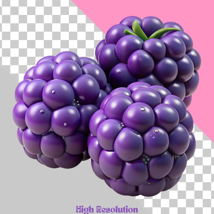 PSD renderizado en 3d de tres bayas púrpuras en un fondo rosado y gris
