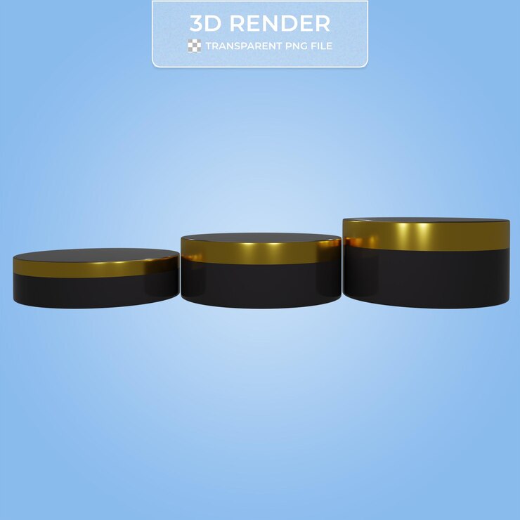 PSD renderizado en 3d de tres podios negros con acento dorado brillante