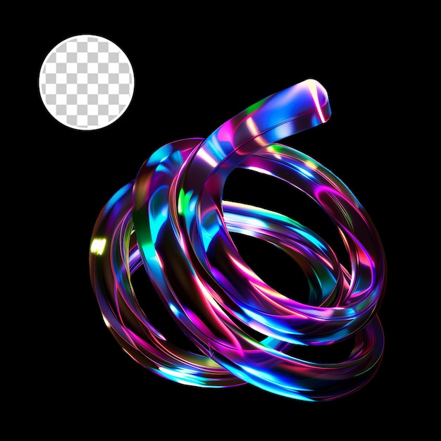 Renderizado en 3D Vibrante brillo de neón de vidrio holográfico remolino de espiral metálico fluido Fondo transparente