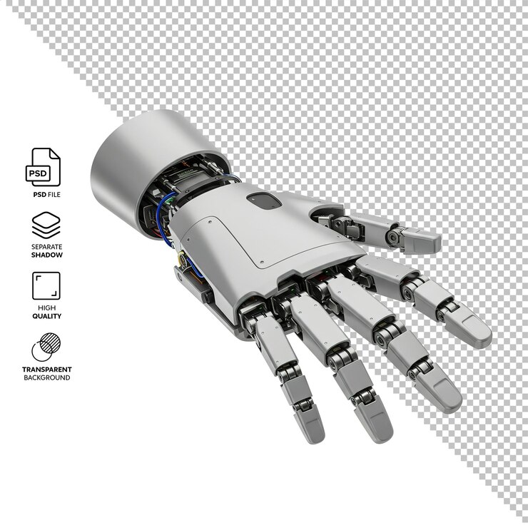 PSD renderizado detallado en 3d de una mano robótica con fondo transparente