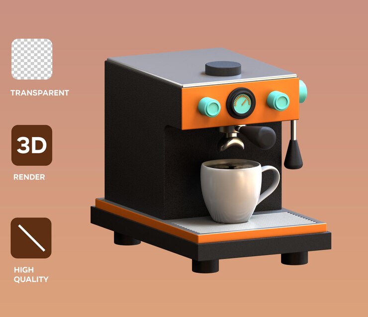 PSD renderizado del icono de la máquina de espresso en 3d