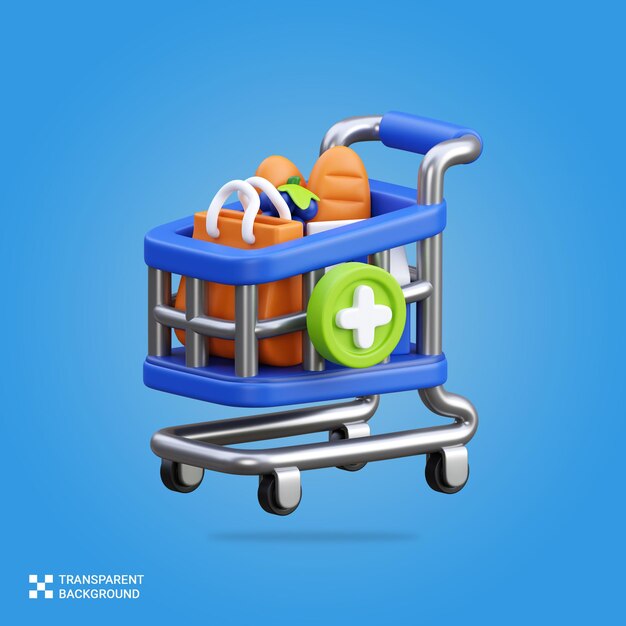 Renderizado en PSD 3D de la ilustración del icono de añadir al carrito