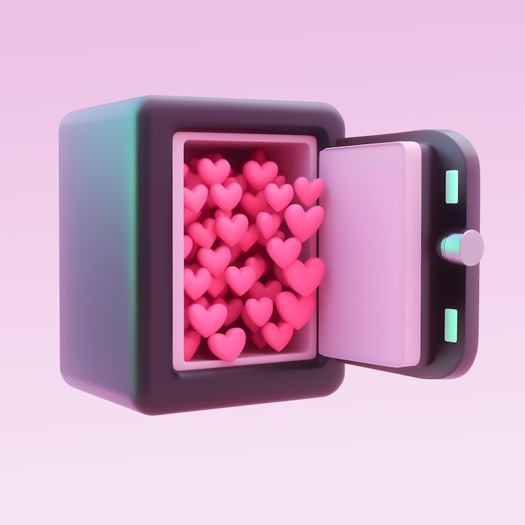 Renderizador 3D abre la caja fuerte con muchos corazones