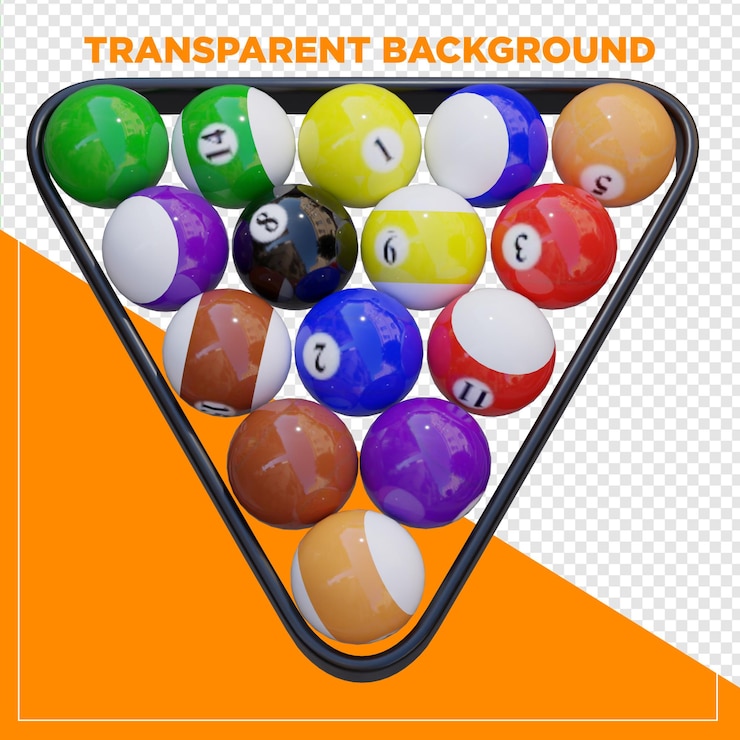 PSD renderizar bolas de bilhar 3d no triângulo com fundo transparente