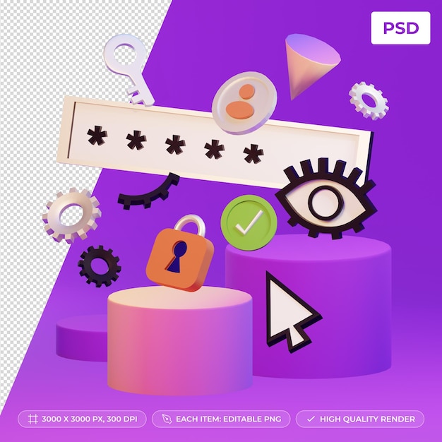 PSD renderizar contraseña en 3d con icono de ojo y podio