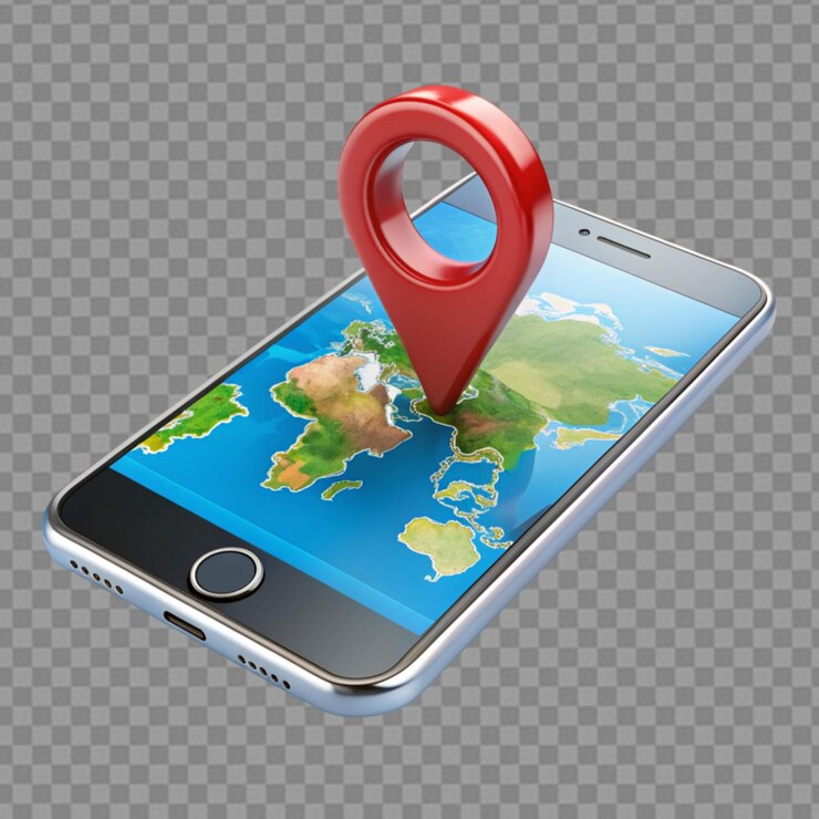 PSD renderizar el mapa con el pin de ubicación en un teléfono inteligente sobre un fondo transparente