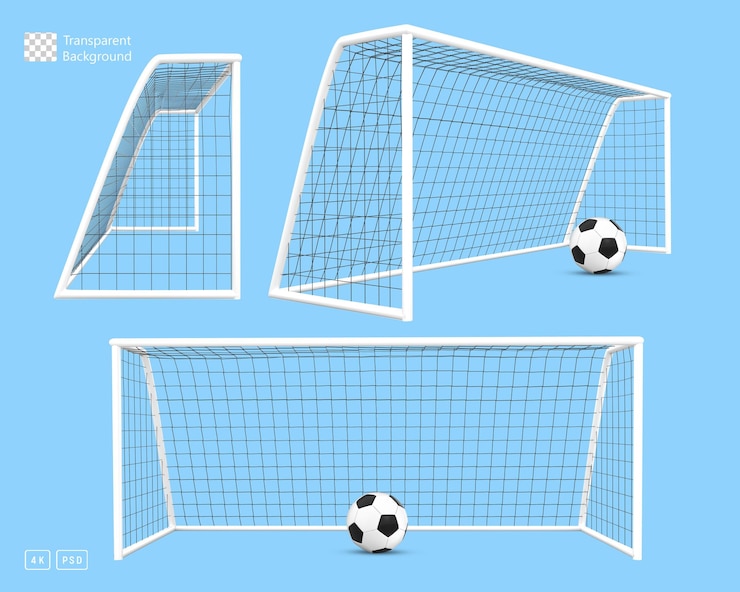 PSD renderizzazione 3d del gol di calcio davanti, davanti e lateralmente