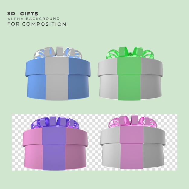 PSD rendern von runden weihnachtsgeschenken in verschiedenen farben