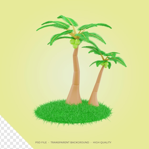 Rendimiento 3d coco o palmera con hierba verde