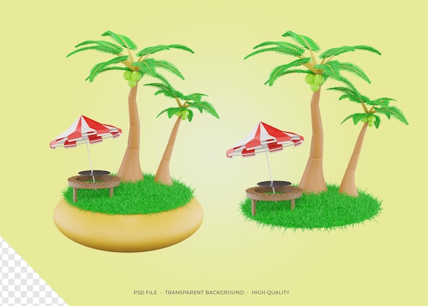 Rendimiento 3d coco o palmera con mesa de playa