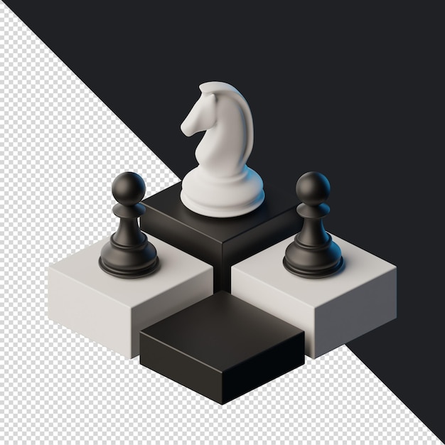 Rendimiento isométrico 3D de ajedrez en blanco y negro para publicación o página de destino