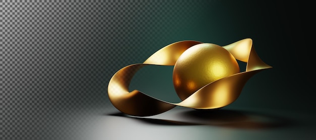 Rendre 3d fond futuriste abstrait avec sphère dorée et anneau en forme de Saturne boule de sculpture métallique avec ruban ondulé ou bande de mobius tordue sur fond noir vert objet d'art illustration 3D