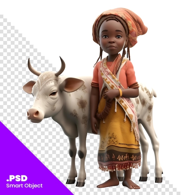 PSD rendre numérique 3d d'une petite fille africaine avec une vache isolée sur fond blanc modèle psd