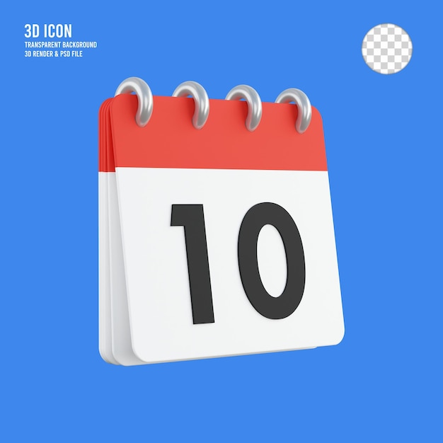 rendu 3d 10 sur fond transparent d'icône de calendrier