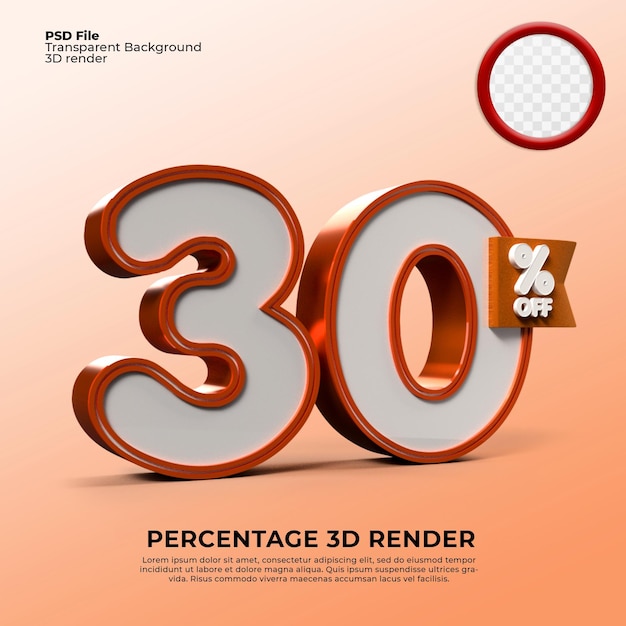 PSD rendu 3d 30 pourcentage de couleur orange à vendre élément de remise promotionnelle