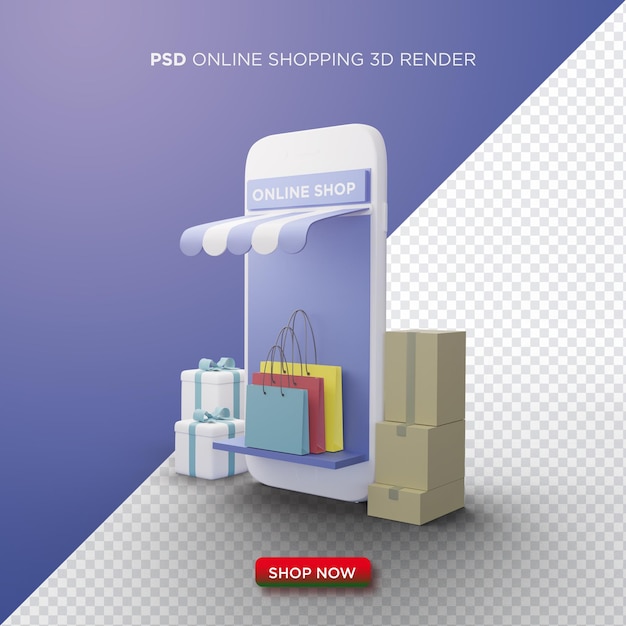 PSD rendu 3d des achats en ligne avec smartphone blanc et sac à provisions