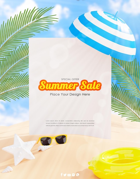 Rendu 3d D'une Affiche Blanche Avec Concept De Plage D'été Pour L'affichage Du Produit.