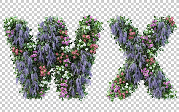 Rendu 3d De L'alphabet Jardin Fleuri Vertical W Et Alphabet X Isolé