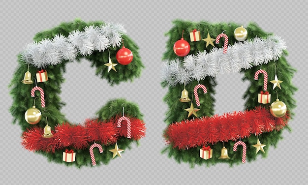 PSD rendu 3d de l'arbre de noël lettre c et lettre d