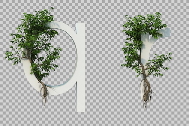 Rendu 3d D'arbre Rampant Sur L'alphabet Q Et L'alphabet R