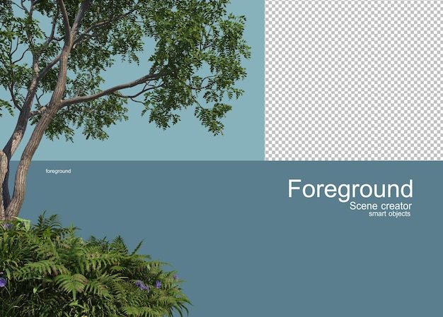 Rendu 3D d'arbres au premier plan isolé