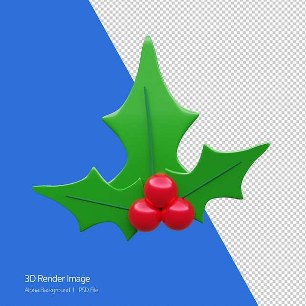Rendu 3D de baies rouges et décoration de feuilles pour les vacances de Noël isolé sur blanc.