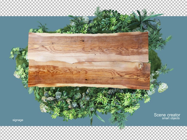 PSD rendu 3d de bois naturel avec des plantes isolées