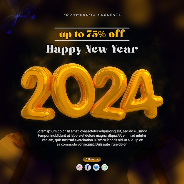Rendu 3D Bonne année 2024 or modèle de conception de bannière à effet de texte 3D