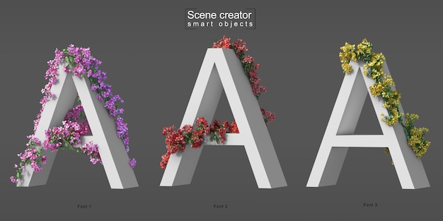 Rendu 3D de bougainvilliers rampants sur l'alphabet A