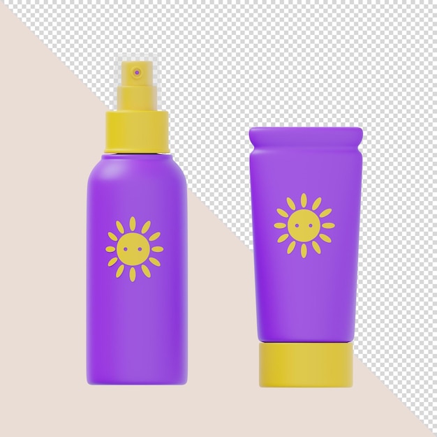 Rendu 3d bouteille violet et jaune avec un soleil jaune et un flacon pulvérisateur jaune