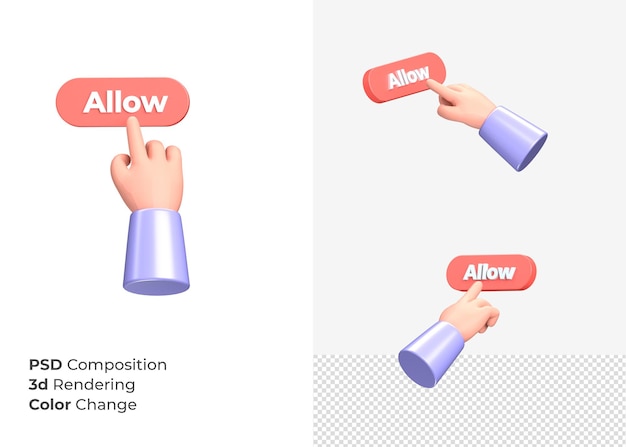 PSD rendu 3d bouton autoriser avec concept de main