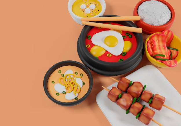 Rendu 3D de délicieux plats asiatiques