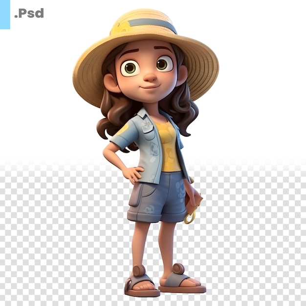 Rendu 3d De Dessin Animé Petite Fille Avec Modèle Psd De Chapeau De Safari Et Sac à Dos